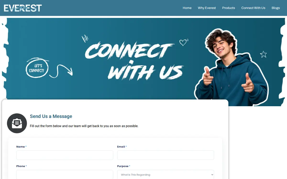 Everest Connect With Us page: banner and the start of the contact form with a purpose selector