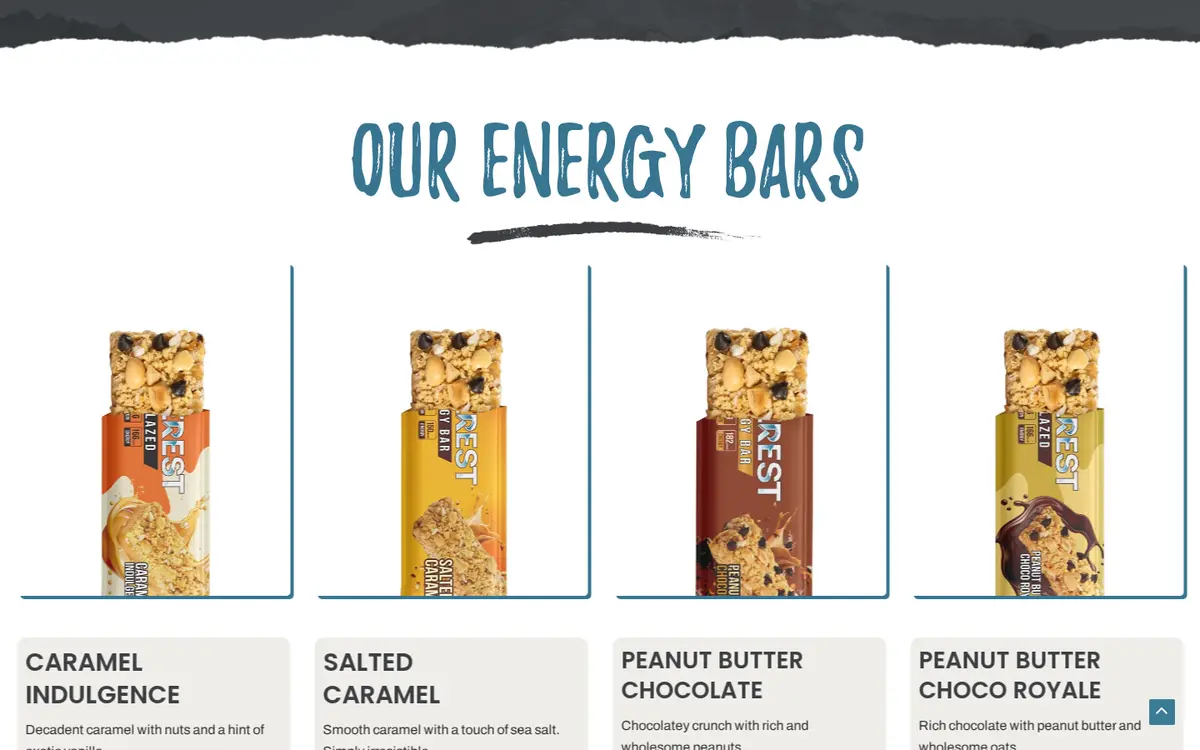Everest home page, Our Energy Bars row: four bar cards with flavour names and short descriptions