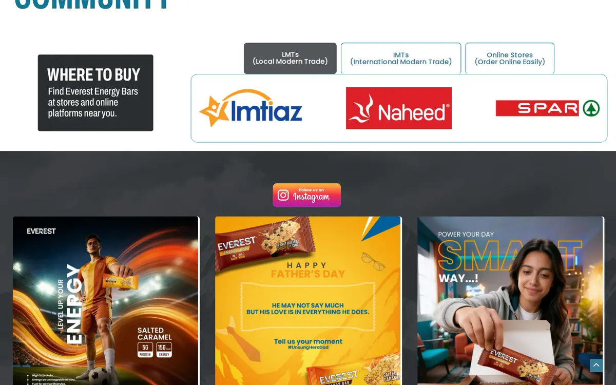 Everest home page: where-to-buy tabs with retailer logos above three Instagram posts