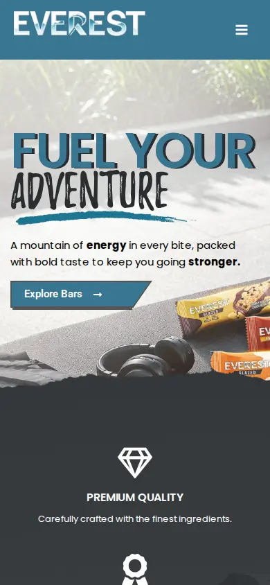 Everest home page on a phone: headline Fuel your adventure, the Explore Bars button and the first trust claim