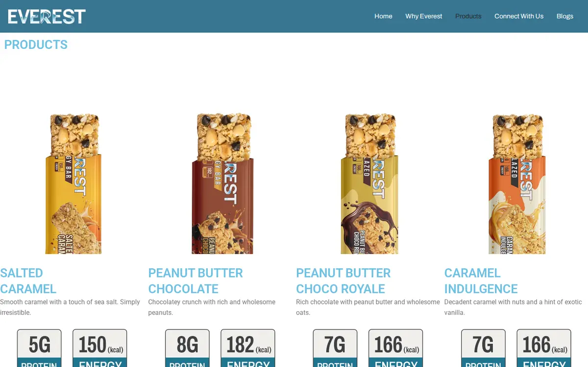 Everest Products page: four energy bar cards with flavour names, descriptions and protein and energy badges