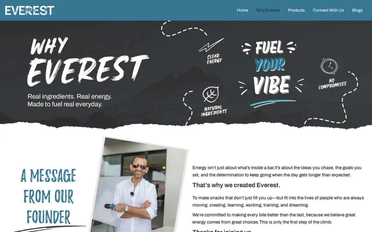 Everest Why Everest page: banner reading Real ingredients, real energy, then a message from the founder