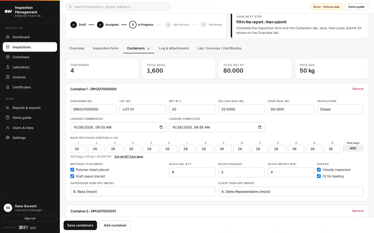 Container editor with fifteen stack positions, total bags and net tonnes, and a check against pack size