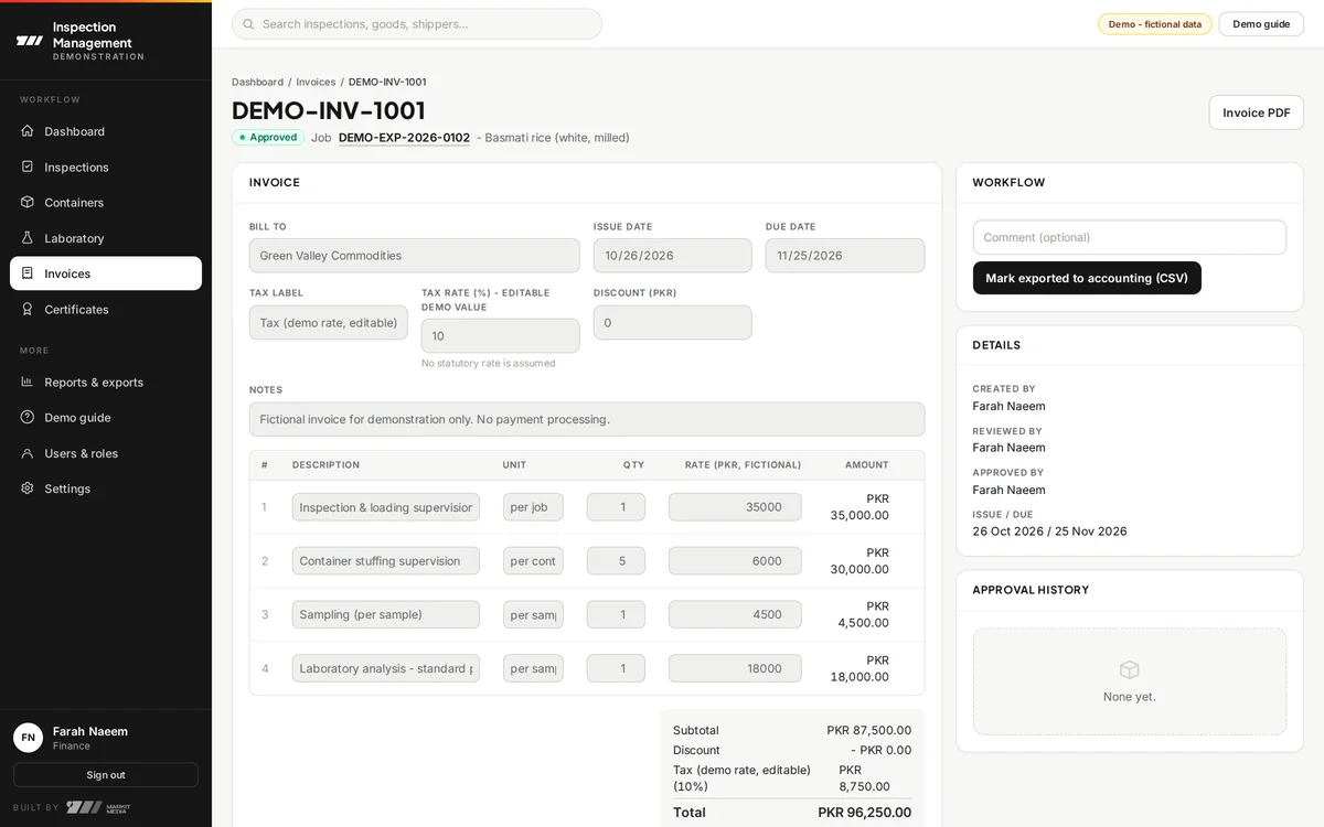 Invoice built from a job, with editable lines, tax and discount and live totals