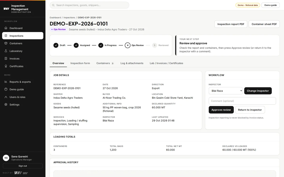 An inspection job in Ops Review with a five-step progress bar and a panel explaining the next step