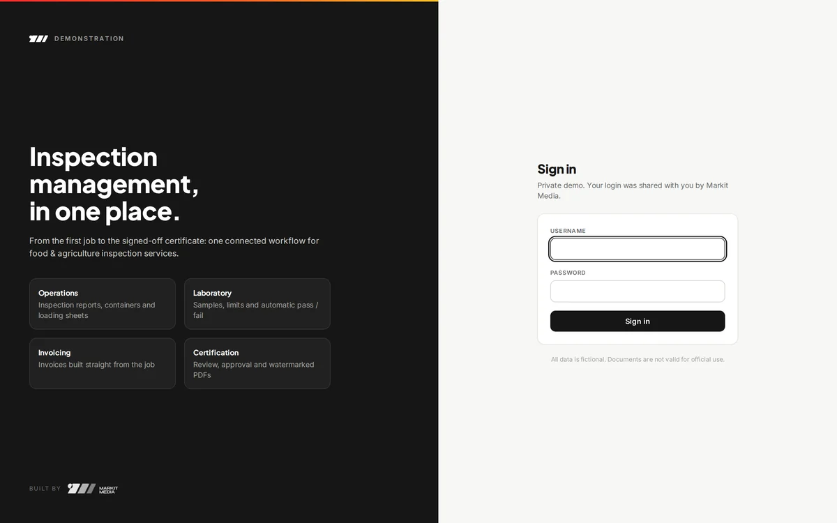 Sign-in screen of the inspection platform in black and white with the Markit Media logo