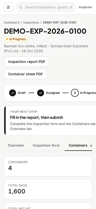Containers tab of a job on a phone, with progress bar, next-step panel and totals