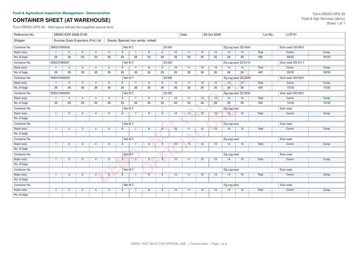 Container sheet PDF with rows of fifteen stack positions per container