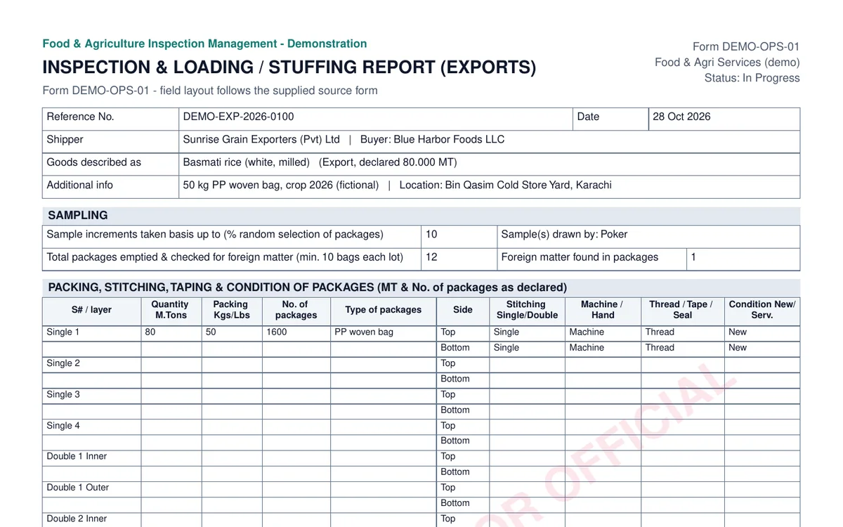 Top of the inspection and loading report PDF with sampling and packing tables
